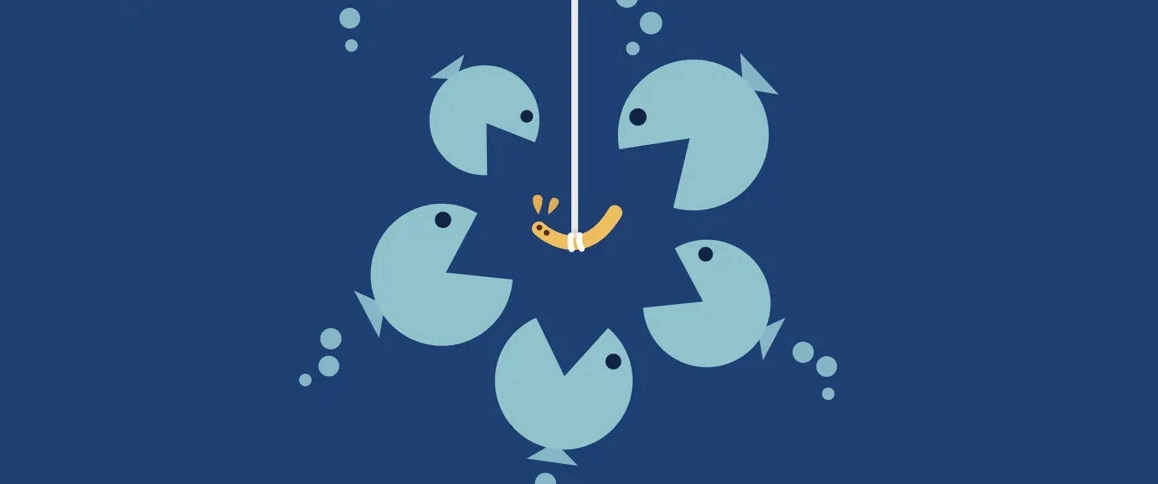Fish swimming toward bait on a hook as metaphor for demand capture
