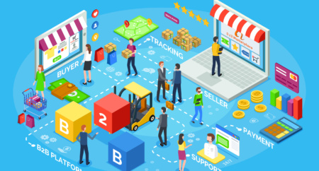 Vector image displaying B2B businesses increasing orders together